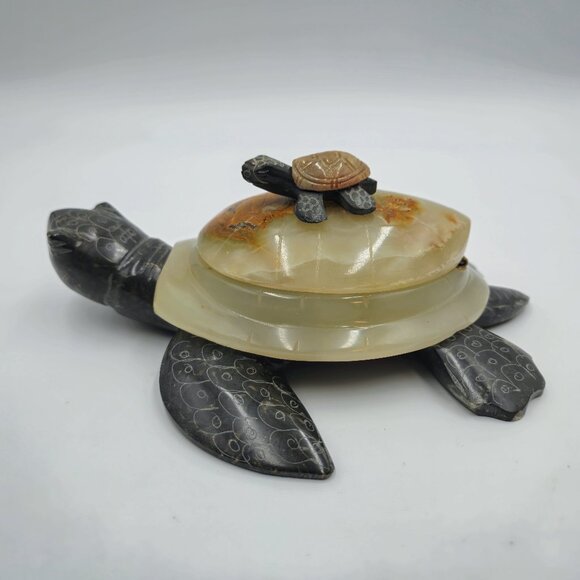 Stone Carved Turtle Box Hinged Lid Mother Baby Vintage Read - Picture 4 of 10